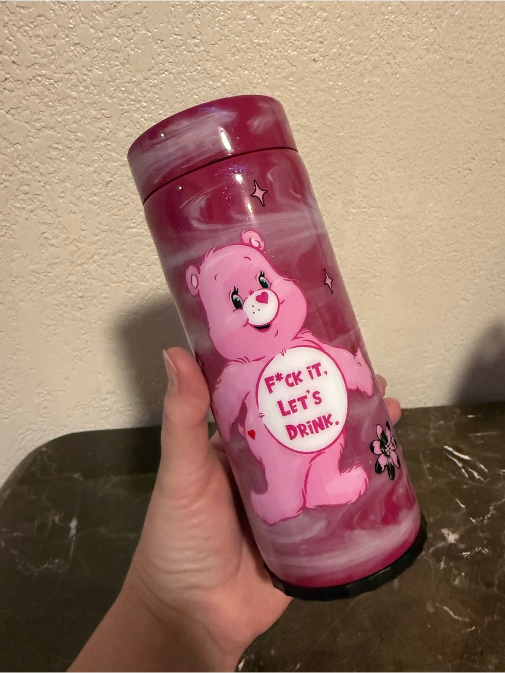 Swear Bear Fuk it let’s Drink Pink Marble Swirl 12 oz Skinny Can Cooler Handmade